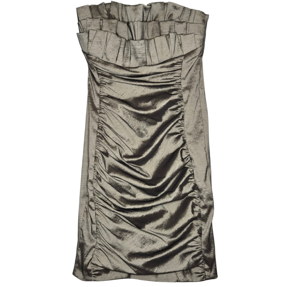 Y2k Cache Metallic bronze Ruffle Strapless Ruched Party Cocktail Dress Sz 4 Glam